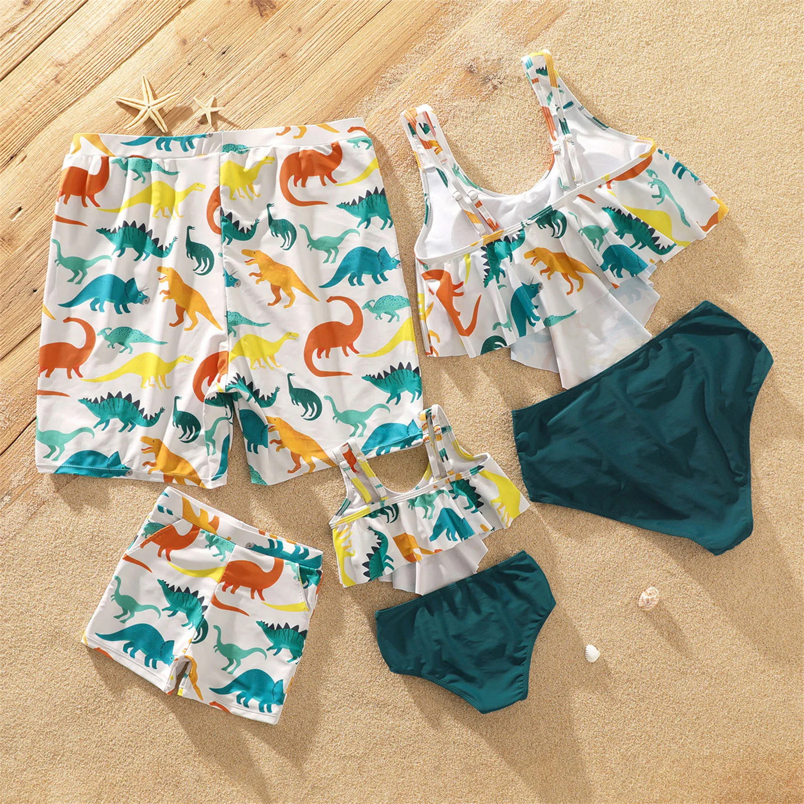 

PatPat Family Matching Swimsuit Allover Multicolor Dinosaur Print Swim Trunks Shorts and Ruffle Two-Piece Swimsuit