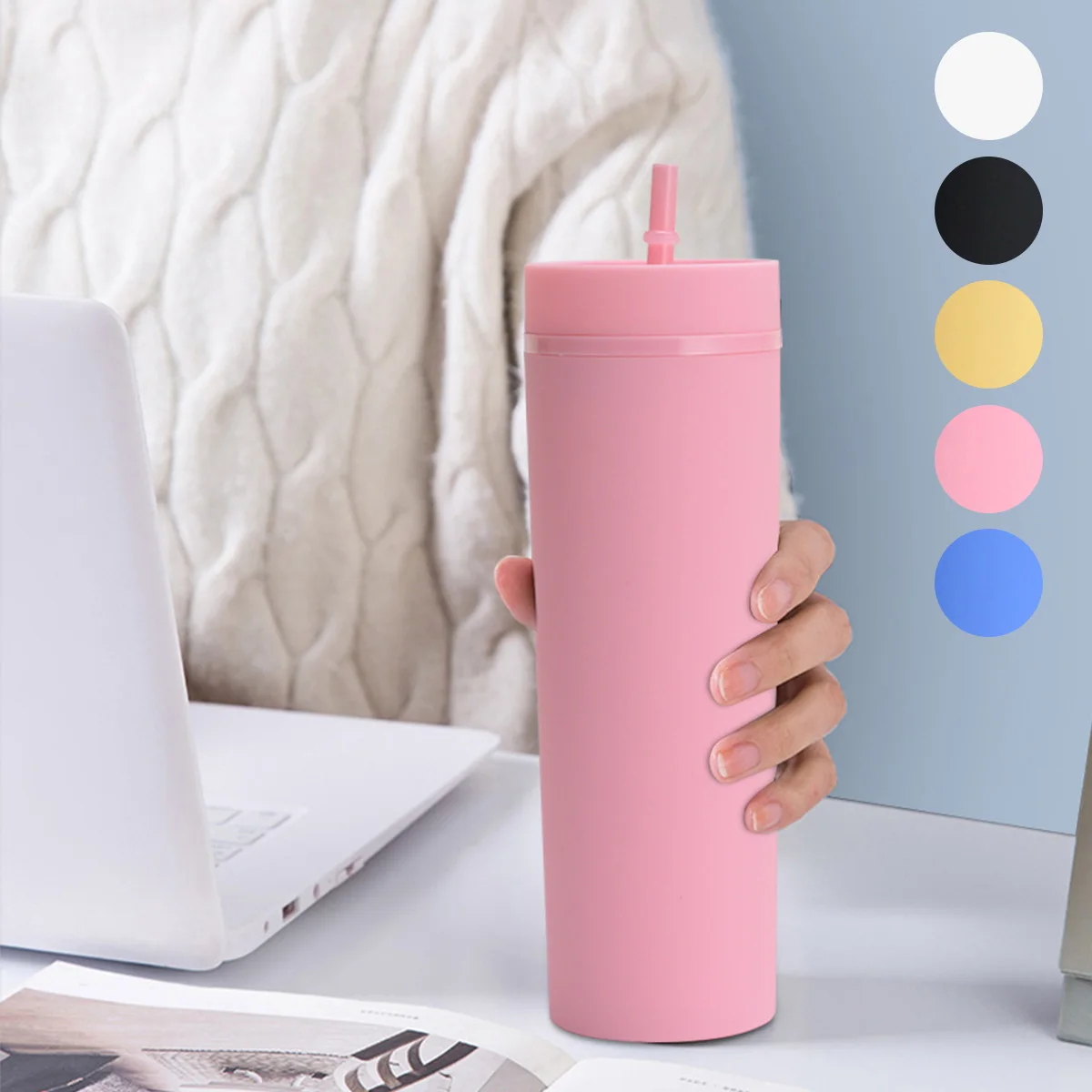 

Plastic Cup with Straw Drinking Cup with Lid and Straw Reusable Double Wall Water Bottle Portable Multi-Color Straw Cup Simple