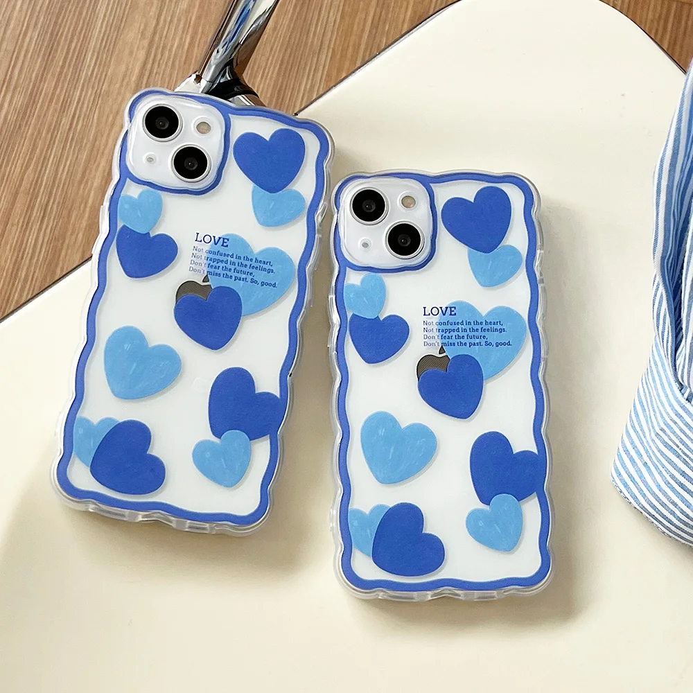 

EKONEDA Silicone Case For iPhone 13 12 11 Pro XS Max XR X Cute Clear Watercolor Blue Love Heart Soft TPU Protective Case Cover