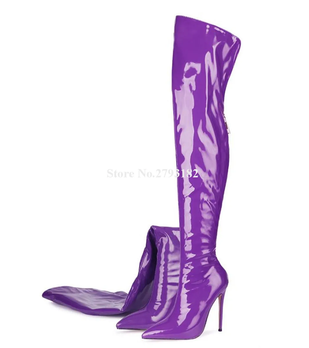 Сапоги выше колена из блестящей лакированной кожи на тонком каблуке Сексуальные