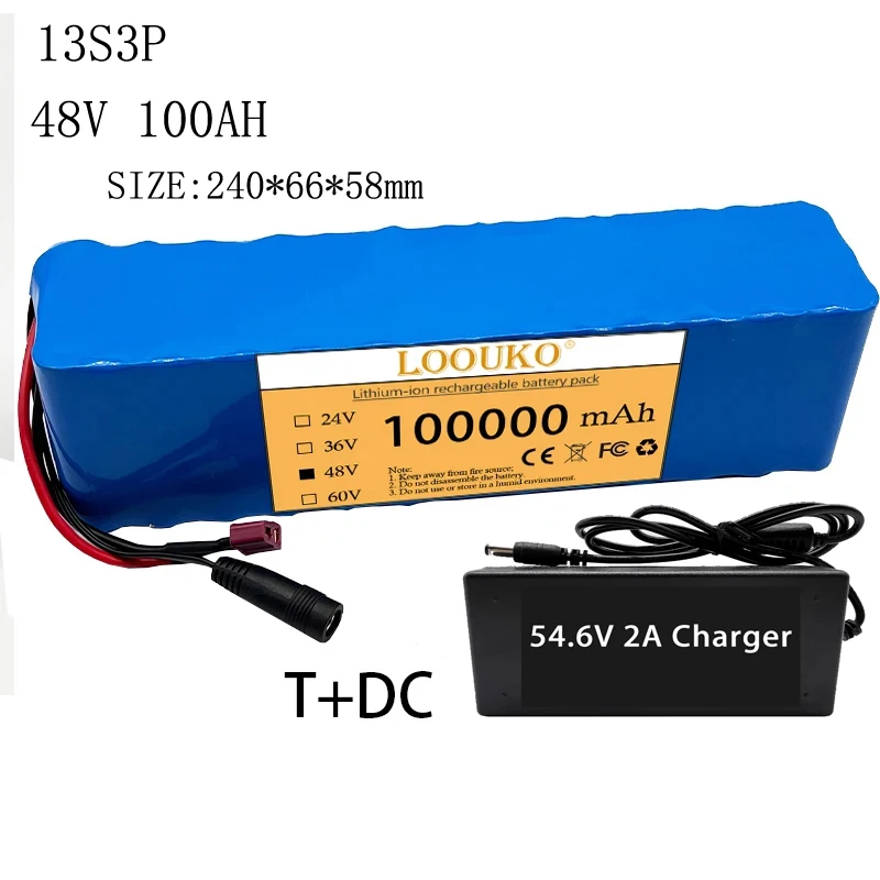 

New 48V 100000mAh 2000W 13S3P Li-ion Rechargeable Battery Pack For 54.6v E-bike/Scooter With BMS Plug-T+DC