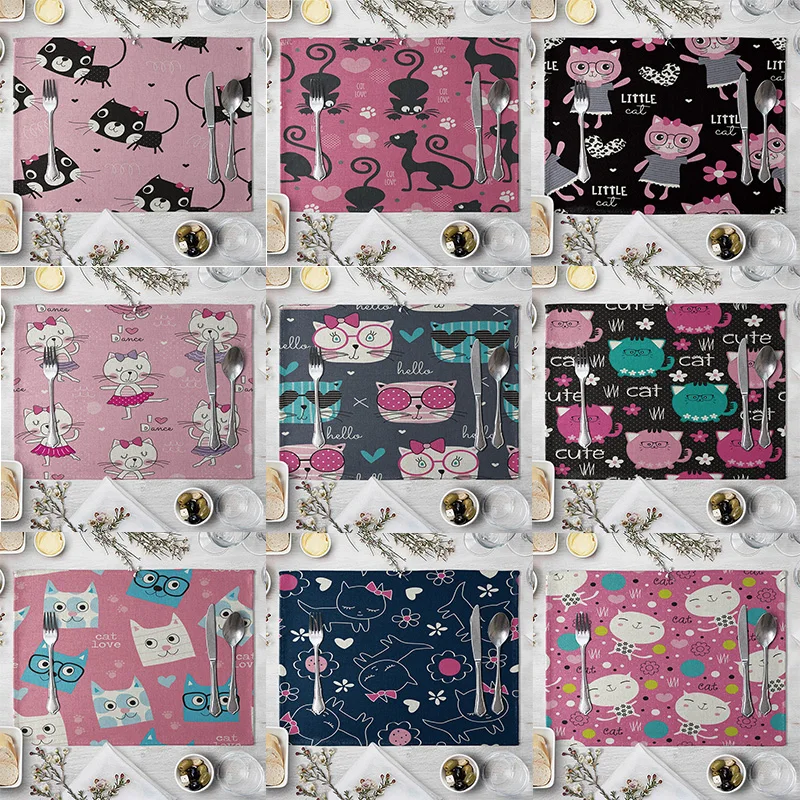 

Cartoon Cat Print imitation linen Placemat For Dinner Table Mat For Coffee Tables Tableware Plates Cup Pads Kitchen Accessories