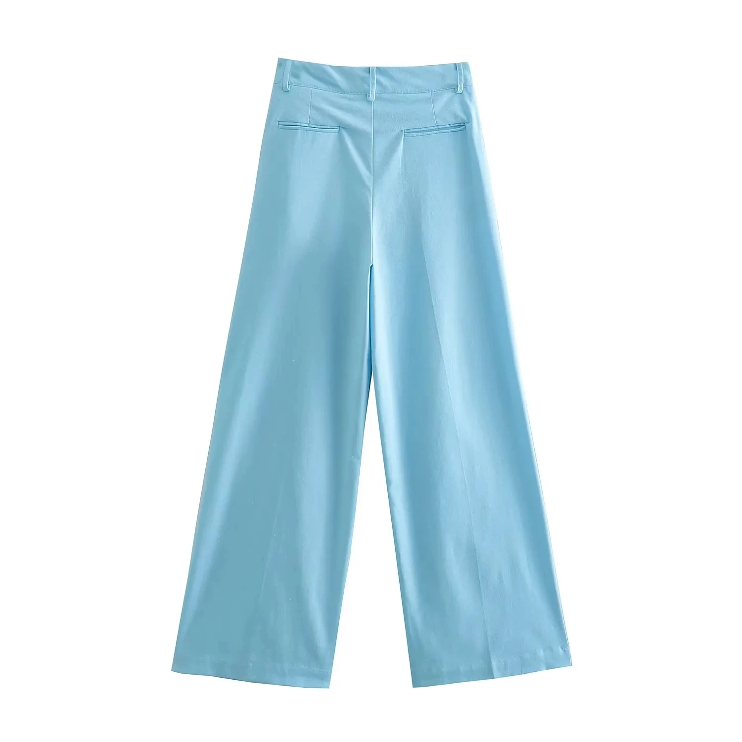 Withered Vintage Fashion Sky Blue High Wasit Casual Trousers Wide Leg Pants Women