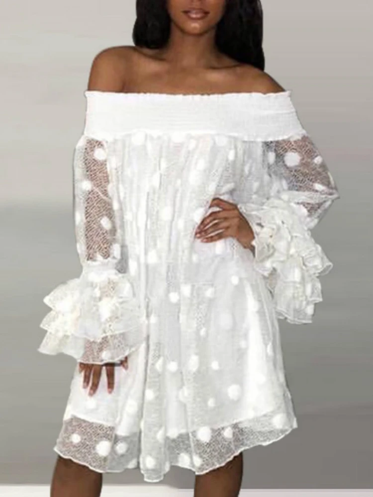 

Women White Dress Off Shoulder Lace Tulle Sleeve See Through Loose Big Polka Dot Holiday Beachwear Vacation Backless Summer Wear