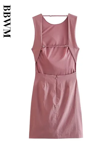 Backless Short Dresses Woman 2023 Summer Ruched Mini Dress for Women O Neck Sleeveless Dress Chic Female Elegant Party Dresses
