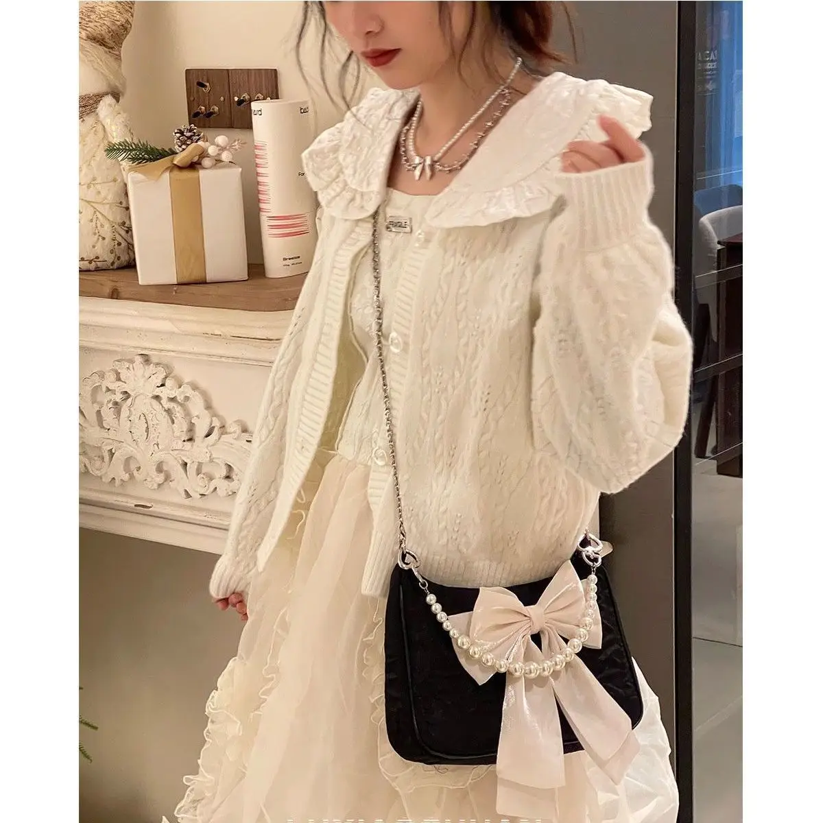 Faux Pearl Chain Women's Shoulder Crossbody Bag Female Soft Nylon Purse Small Tote Handbags Vintage Bowknot Girls Underarm Bags
