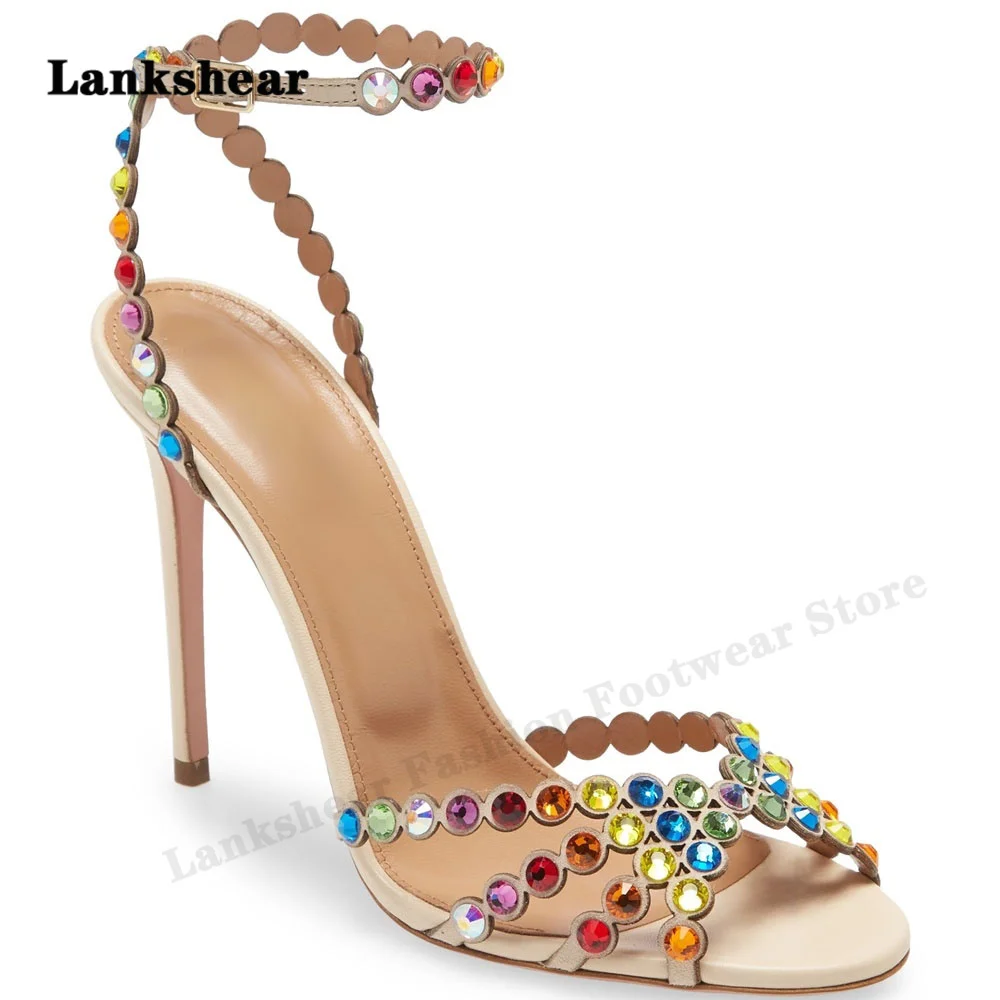Stiletto Heels Crystal Bling Bling Rhinestone Sandals Slingback Ankle Strap Shoes Women Peep Toe Summer Sandals Large Size 34-43