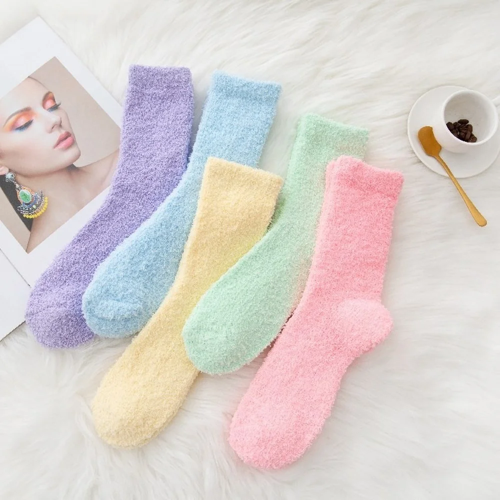 5 Pairs Autumn and Winter Fashion Thick Women's Coral Fleece Socks Candy Color Half Velvet Home Warm Sleep Socks for Ladies