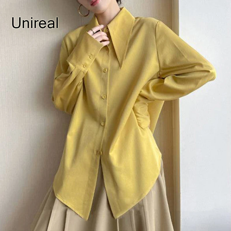 

Unireal 2022 Autumn Women Satin Shirt Blouse Long Sleeve Loose Casual Streetwear White Shirt Tops