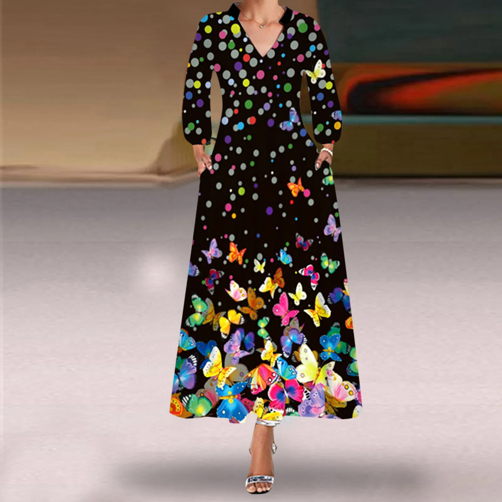 

Женское платье с длинным рукавом и принтом, с V-образным вырезом