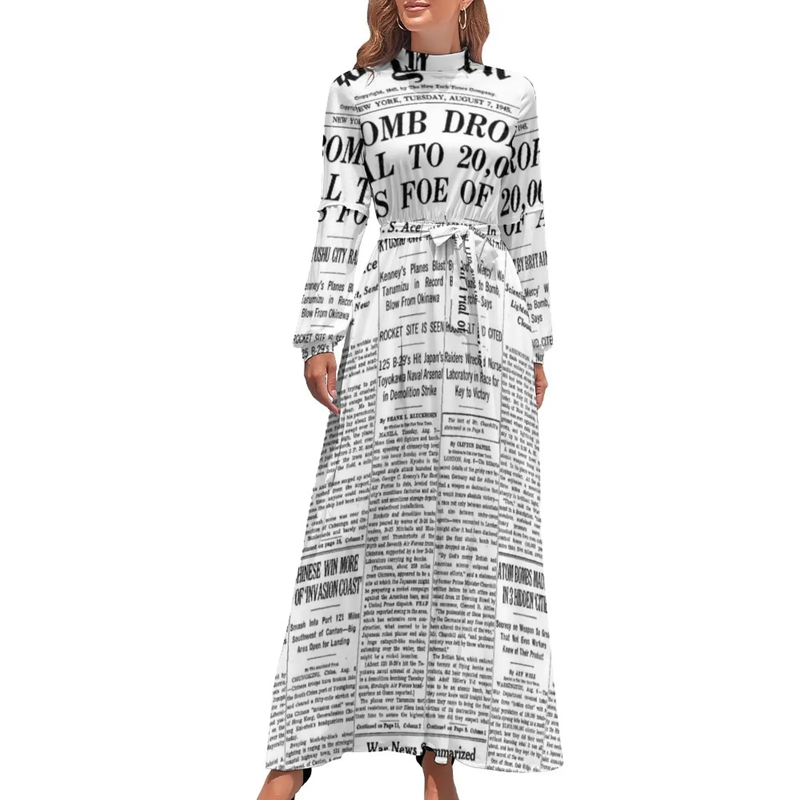 

Крутое газетное платье с буквенным принтом, уличные богемные платья, женское длинное Сексуальное Платье макси с длинным рукавом и высоким воротником