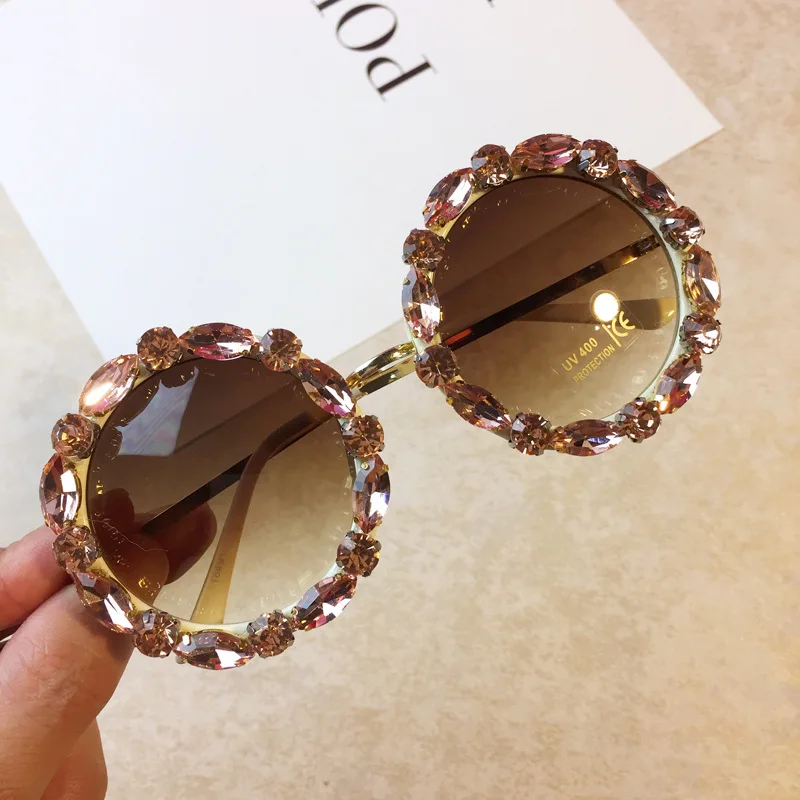 Diamond Crystal Round Sunglasses Women Luxury Brand Designer Glasses Eyeglasses Female Big Frames Shades Eyewear Vintage UV400