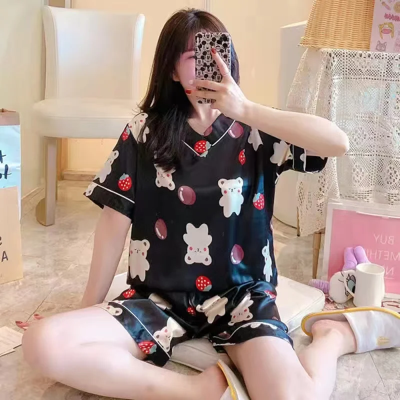 Summer Women Fashion Suit Short Pajamas Fashion Bear Strawberry Faux Ice Silk Set Sleep Wear