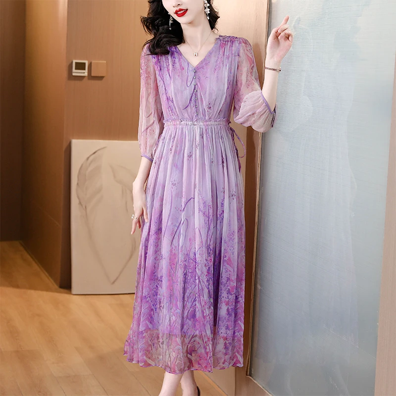 Женское длинное платье в стиле бохо шелковое для отпуска с длинным рукавом