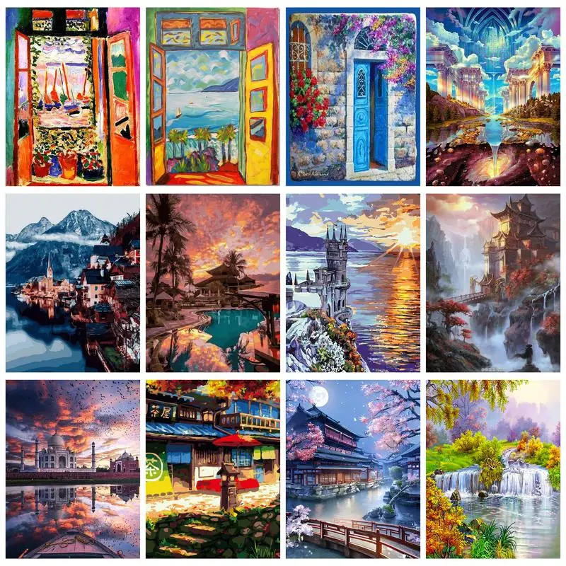 

CHENISTORY Modern Painting By Numbers River Forest Window Landscape For Adults Kids Handmade Home Decors DIY Gift Artwork