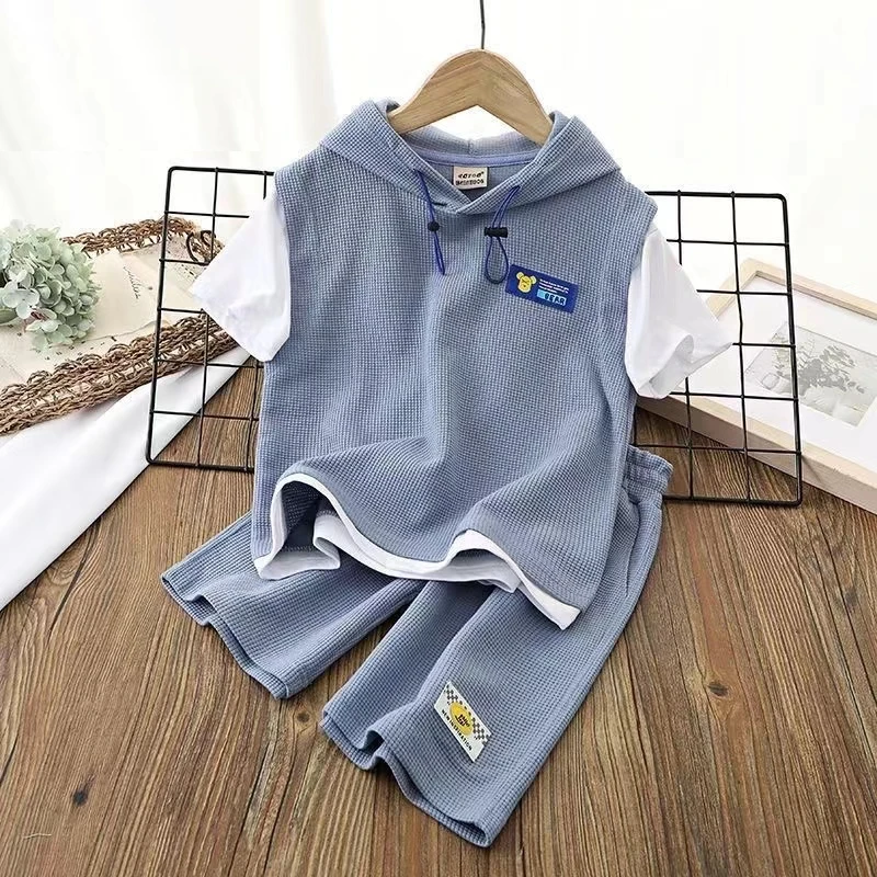 

Kids Summer Leisure Waffle Fabric Hooded Short Sleeve T-shirts+Pants 2pcs Suits 4-14 Years Children Korean Style Fashion Clothes