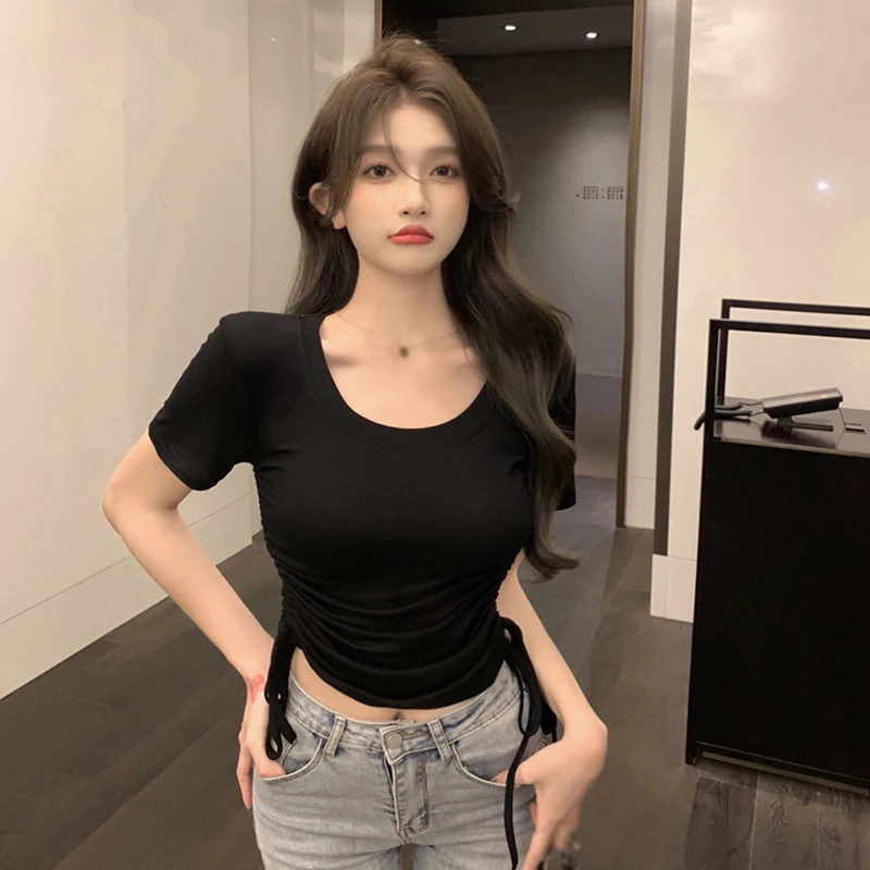 

Round Neck Casual Top Summer Drawstring Design Short Sleeve Spring Simple T-shirts