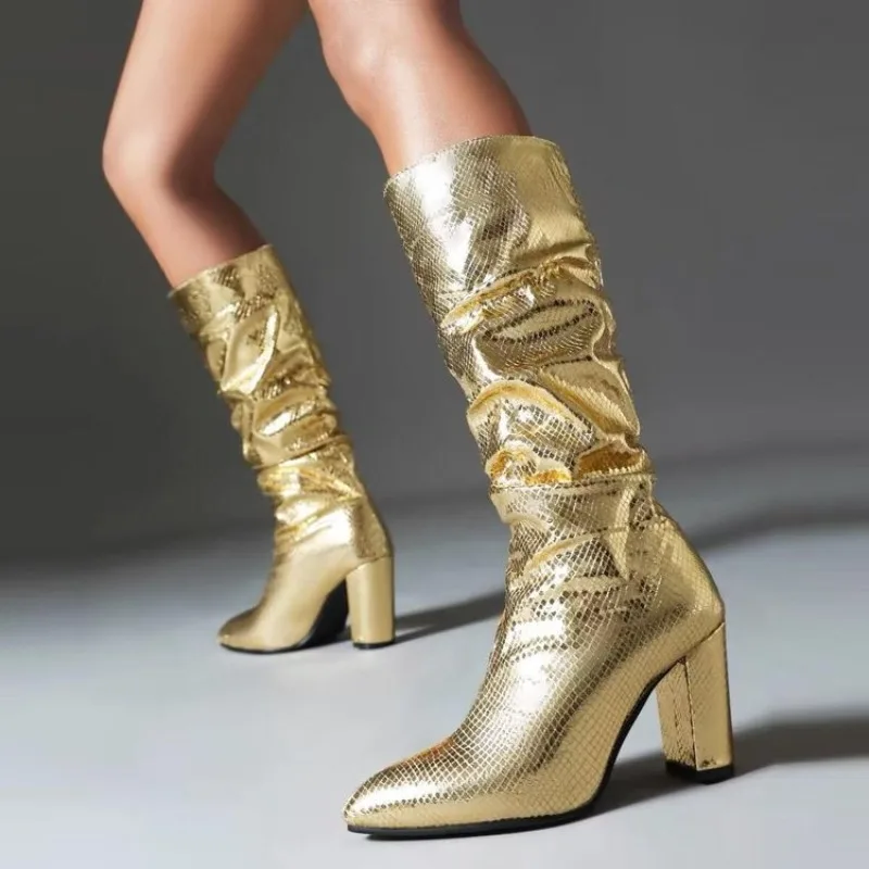 

Golden Silvery High Heels Snake Patterned Boots Women Sexy Pointed Toe Knee High Boots Woman Slip-On Pleated PU Leather Booties