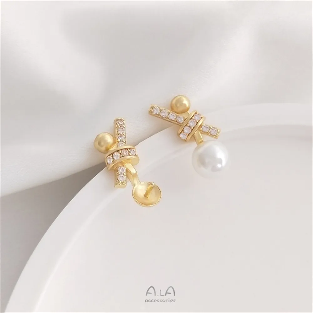 

14K Gold Filled Plated Inlaid zircon bow-shaped pearl stud 925 silver needle diy sticky pearl earrings