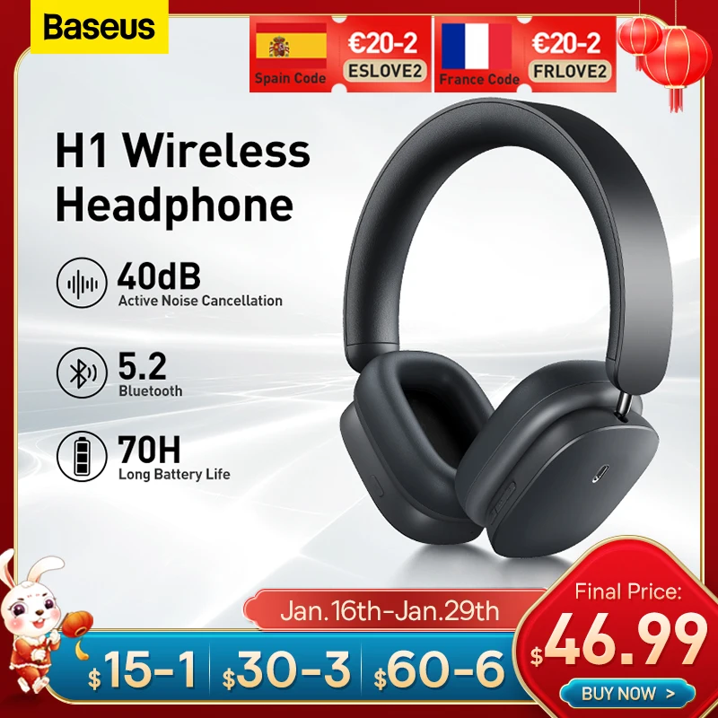  Baseus H1 Wireless Headphones Hybrid 40dB ANC 4-mics ENC Earphone Bluetooth 5.2 40mm Driver HiFi Over the Ear Headsets 70H Time 