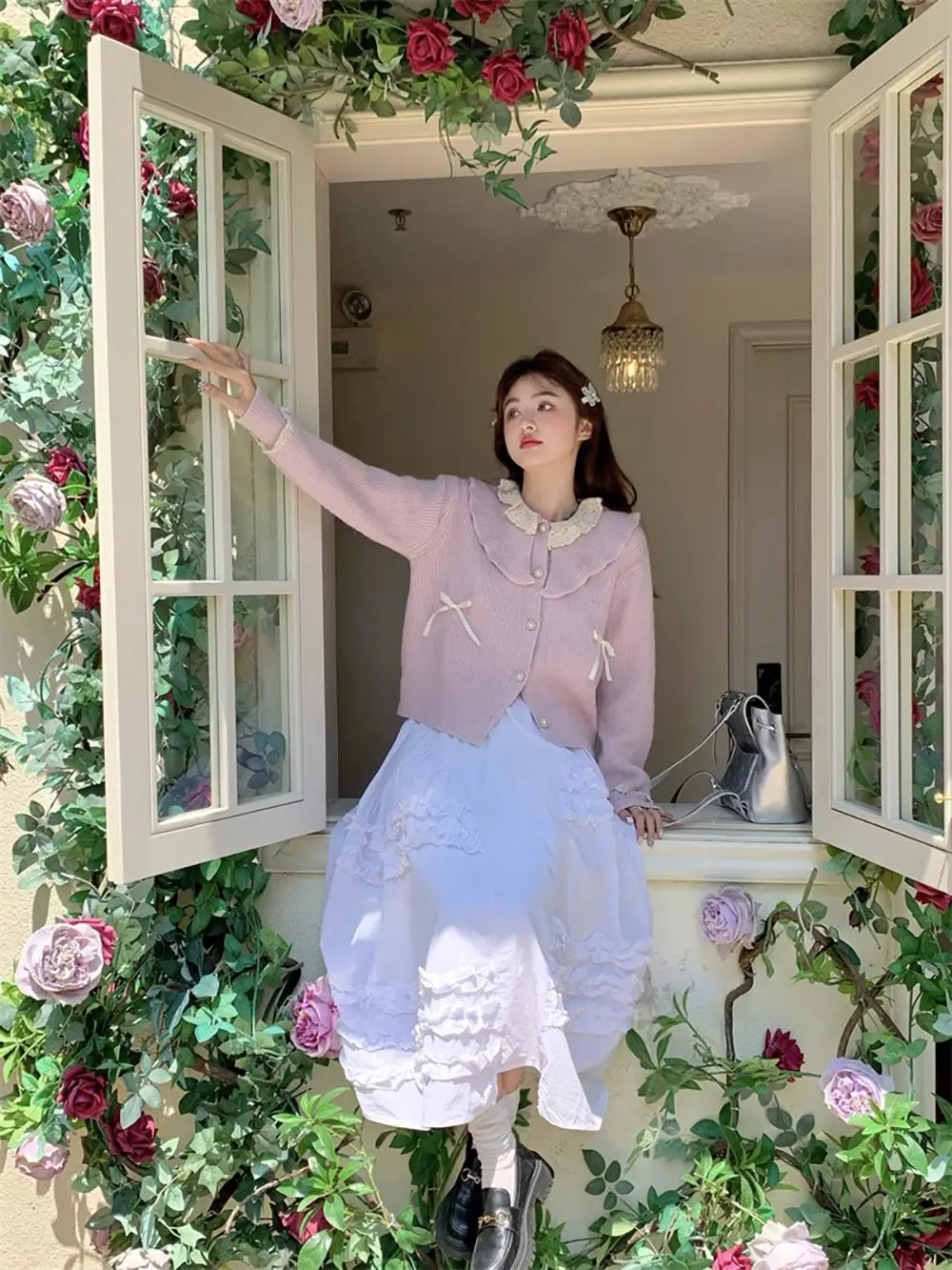 Fan Wenwen Cheese Taro кукольный воротник лоскутный вязаный кардиган женский осенний