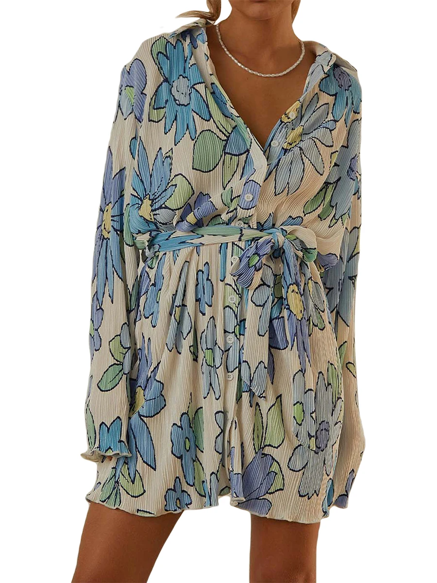 

Женское Плиссированное мини-платье-рубашка на пуговицах с цветочным принтом, короткие платья-блузки с V-образным вырезом и поясом, туника, платье-блуза с поясом
