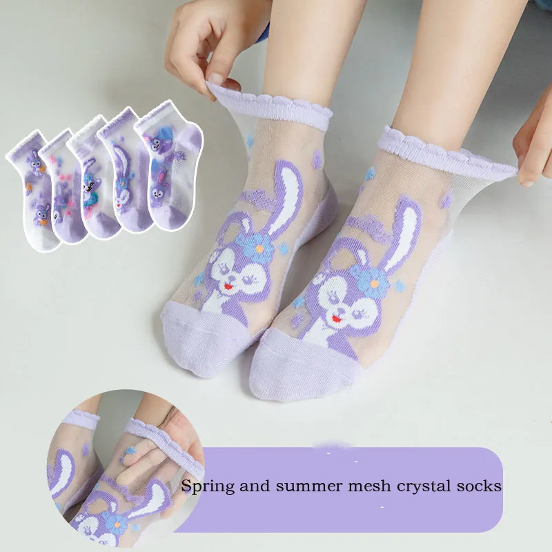 

5pcs summer ultra-thin girls cotton socks cute cartoon crystal silk feel delicate and silky socks