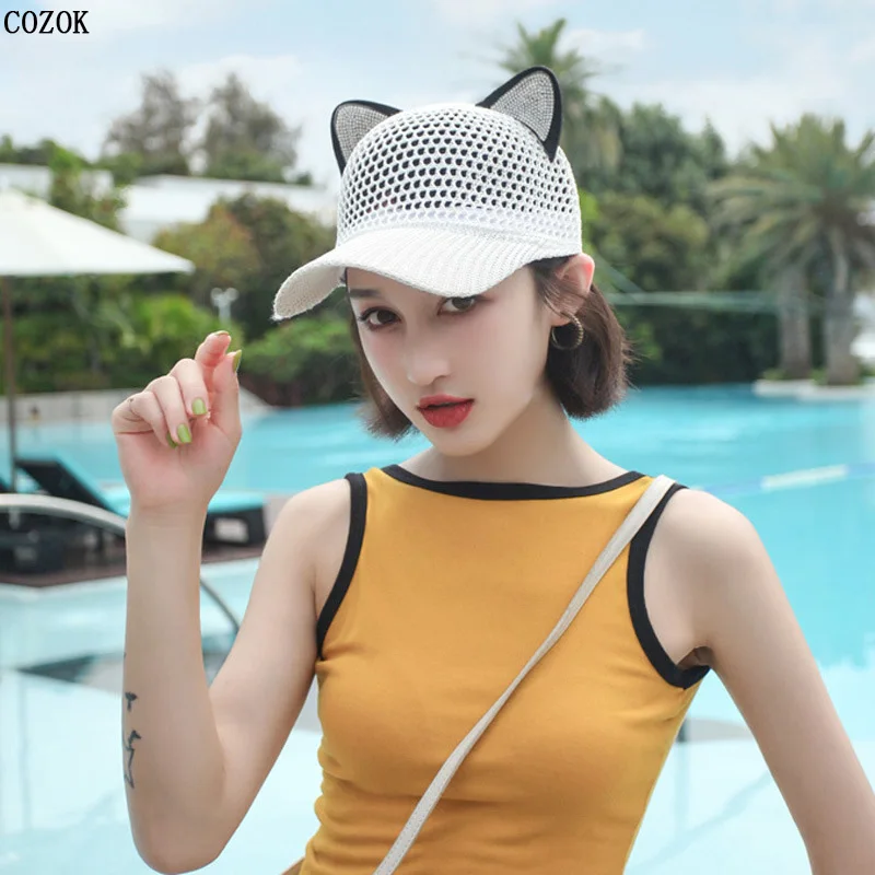 Women Summer Cat Ear Diamond Fashion Hat Outdoor Street Breathable Sunshade Baseball Cap The New Trend Leisure Casquette Femme