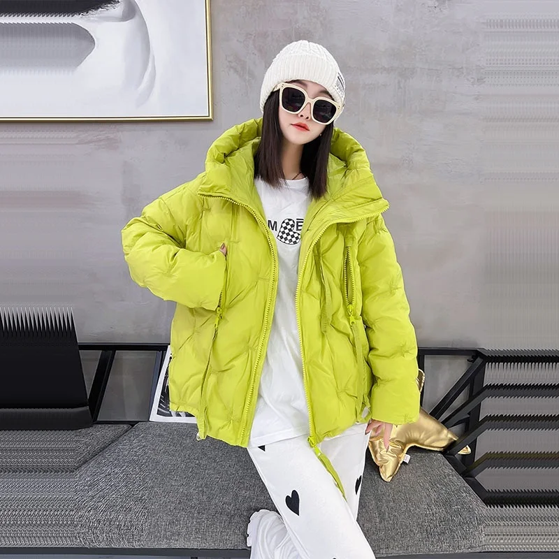 

2023 Winter Women Solid Color Hooded Short Down Cotton-padded Jacket Loose Korean Long Sleeve Zipper Warm Cotton Parkas Overcoat