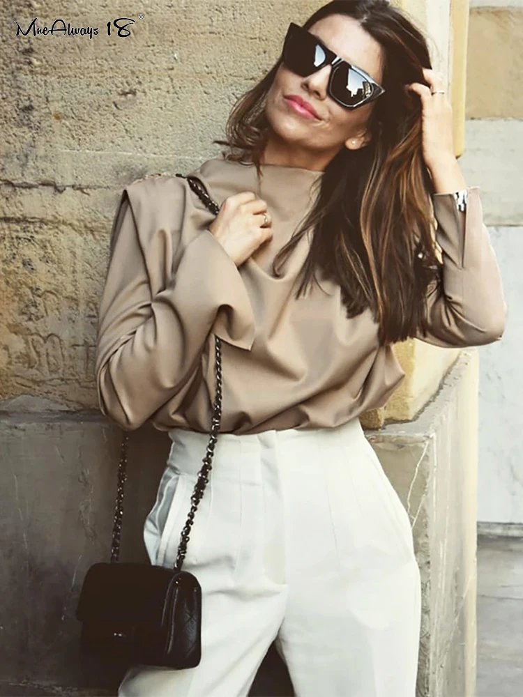 

Mnealways18 однотонные хаки драпированные женские топы и блузки Весенняя элегантная офисная блузка с рюшами рабочий Топ Женская рубашка с длинн...