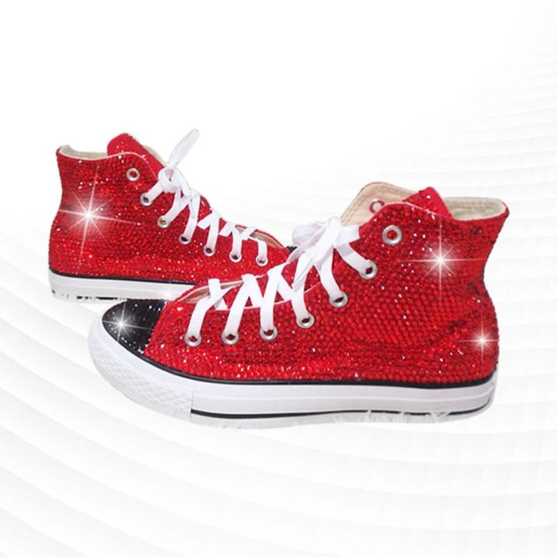 

High-top red rhinestone canvas shoes comfortable street shooting walking shoes handmade rhinestone vulcanized shoes 35-46