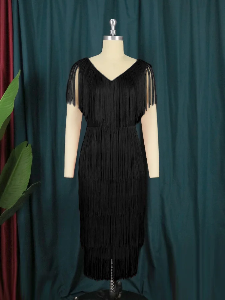 Plus Size Pretty Dress Tassel Fringed Sleeveless V Neck Cloth Casual Luxury Party Robe 2023 Summer Women Trendy Evening Dress