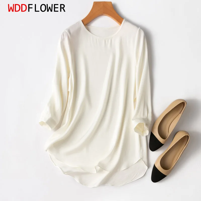 

Women Silk Blouse 93% Mulberry Silk 7% Spandex 19 momme Color White Stand Neck Puff long sleeve shirt Top office work MM412