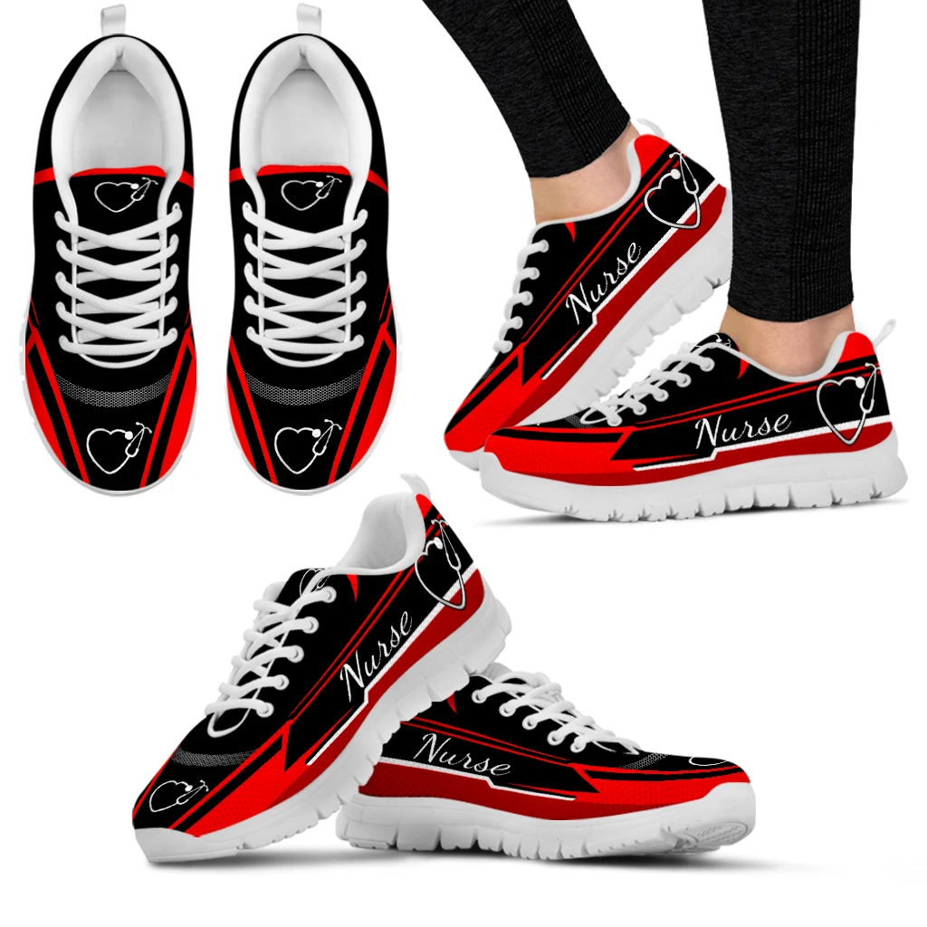 

INSTANTARTS Red And Black Nurse Sneakers Stethoscope Print Comfortable Outdoor Footwear Lace Up Casual Sneakers Women's Flats