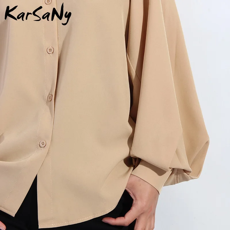 Женская рубашка с большим пышным рукавом Блузка цвета хаки длинным однотонные