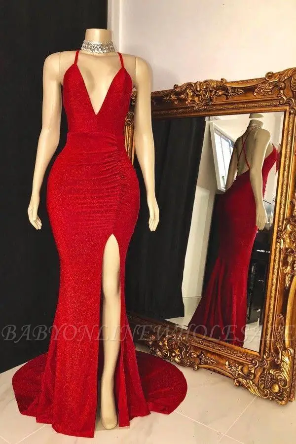

2022 Sexy Side Split Celebrity Evening Dresses V-Neck Haltered Red Prom Dress Cannes Backless Prom Formal Gowns Robe De Soiree