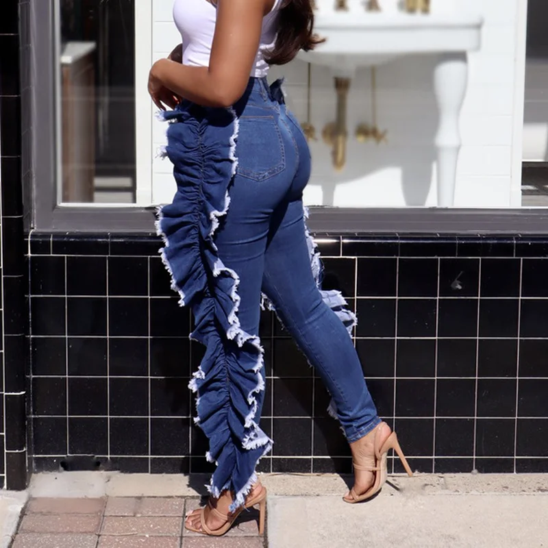 Ruffled Ruched Ripped Denim High Wait Stacked Pants Autumn 2023 Women Trouser Streetwear Jeans Fashion Skinny Pockets Trousers