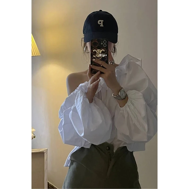 

MEXZT Vintage Elegant White Shirts Women Sexy Skew Collar Off Shoulder Folds Puff Sleeve Chic Blouses Korean Ruffles Loose Tops