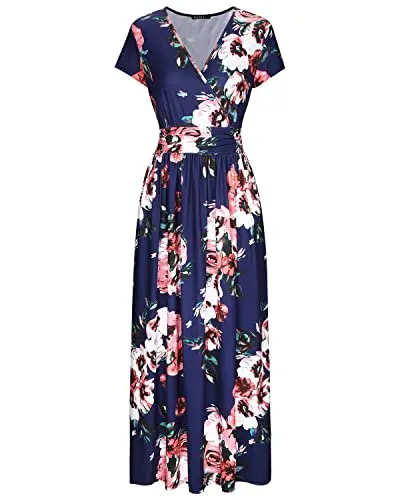 

Модное розовое цветочное Женское Платье макси с запахом и карманами, летнее платье с коротким рукавом для дам.