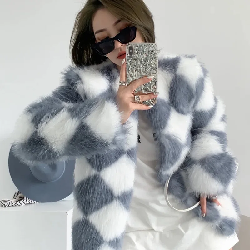 Imitation Fox Faux Fur Coat Women's Diamond-shaped Fragrant Checkerboard Grid Fashion Outerwear for Women Knitted Thick Warm Fur