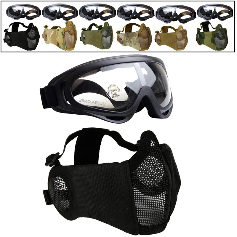 

Airsoft Half Face Mesh Mask with Ear Protection and Tactical Goggles Paintball Shooting CS Survival Games Cosplay