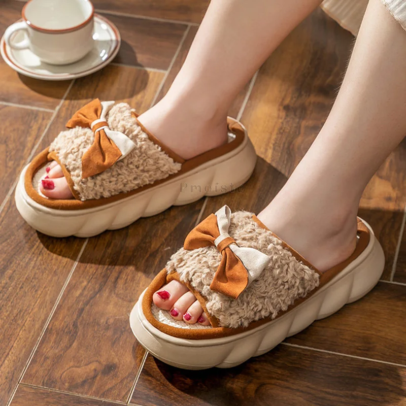 Women's Indoor Slippers Winter Female Slides for Home Cotton Flax Cute Butterfly-Knot Thick Sole Shoes for Woman House Slippers