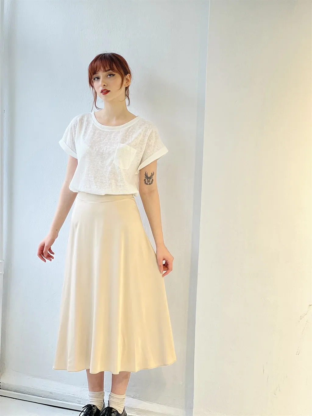 

Retrobird Tasarım Female Daily Use Skirt Woven Fabric Zipper Beige Color Women 'S Circular Skirt