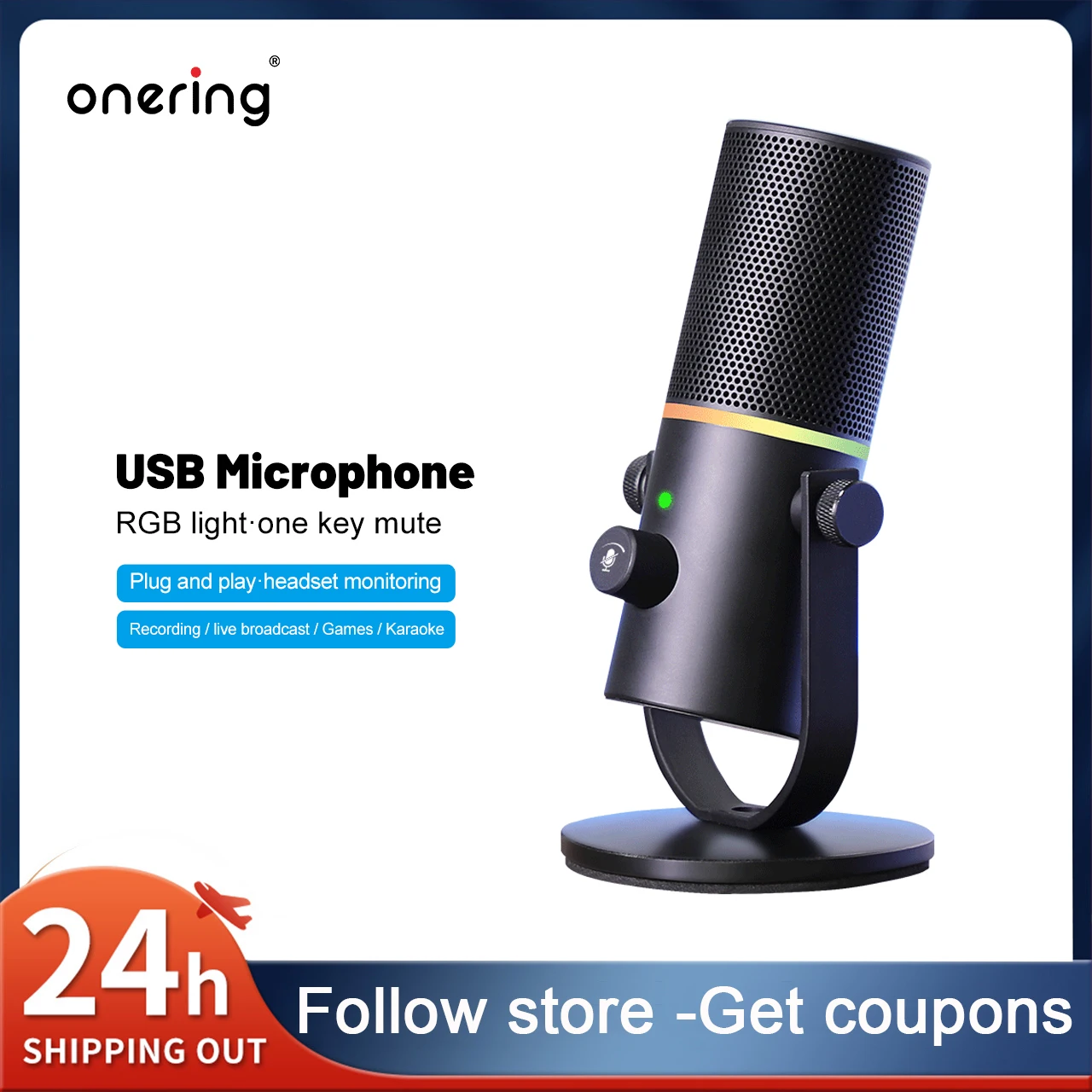 

Onering OU410 USB Microphone One key Mute for laptop Computers Adjustable Studio Singing Gaming Streaming Mikrofon Mic RGB Light