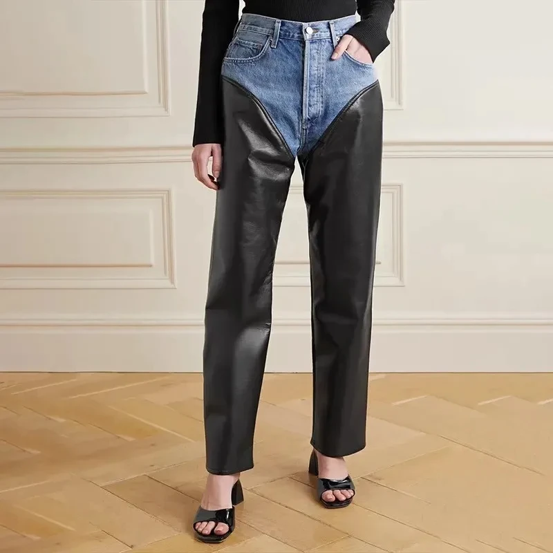 

Outono 2023, cintura alta lavada PU couro feminino jeans de perna reta, cores contrastantes, Y2K elegante, rua alta, novo estilo