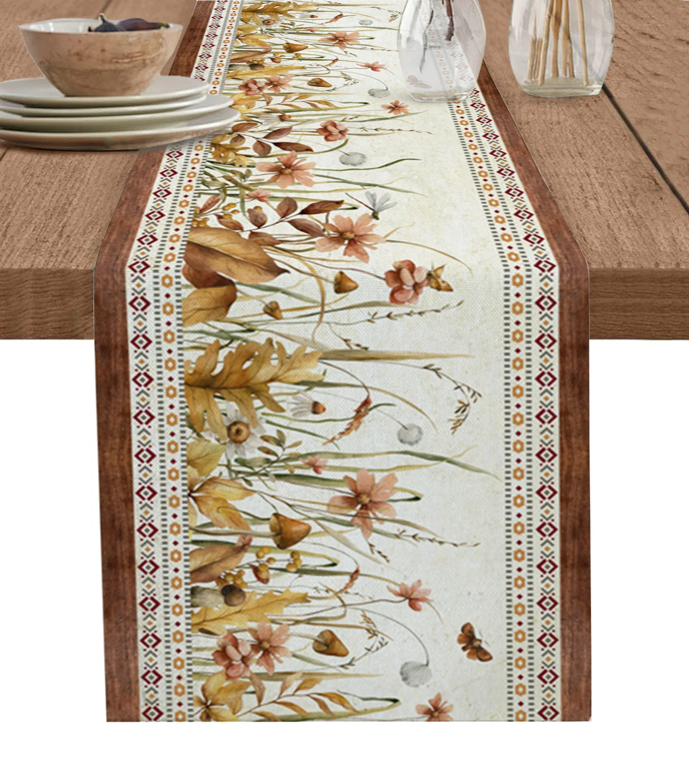 

Autumn Plants Flowers Rustic Vintage Table Runner Cotton Linen Wedding Dining Table Cover Cloth Home Kitchen Decoration Placemat