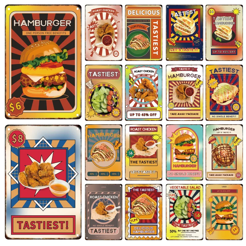 

Modern Food Burger Fried Chicken Metal Poster Decor Plaque Tin Painting Sign Home Kitchen Restaurant Wall Art Decor Aesthetics