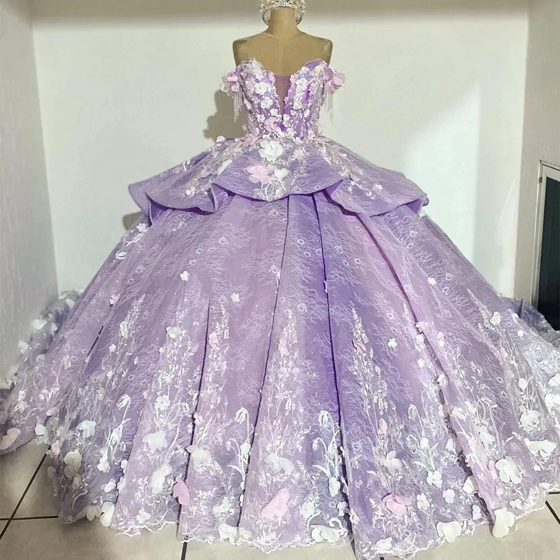 ANGELSBRIDEP Роскошные сиреневые кружевные платья Quinceanera с бисером и 3D цветами Vestidos De 15