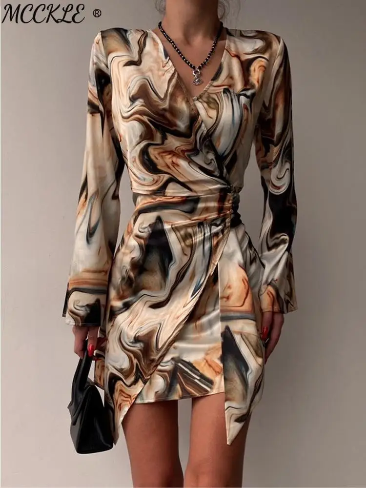 Женское винтажное платье с V-образным вырезом длинным рукавом и принтом в виде