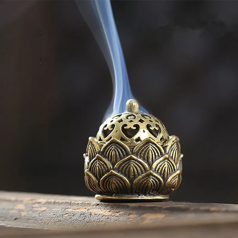 

Retro Copper Small Lotus Pocket Hollow Out Incense Stick Burner Brass Incense Holder with Cover Sandalwood Cense Home Decoration